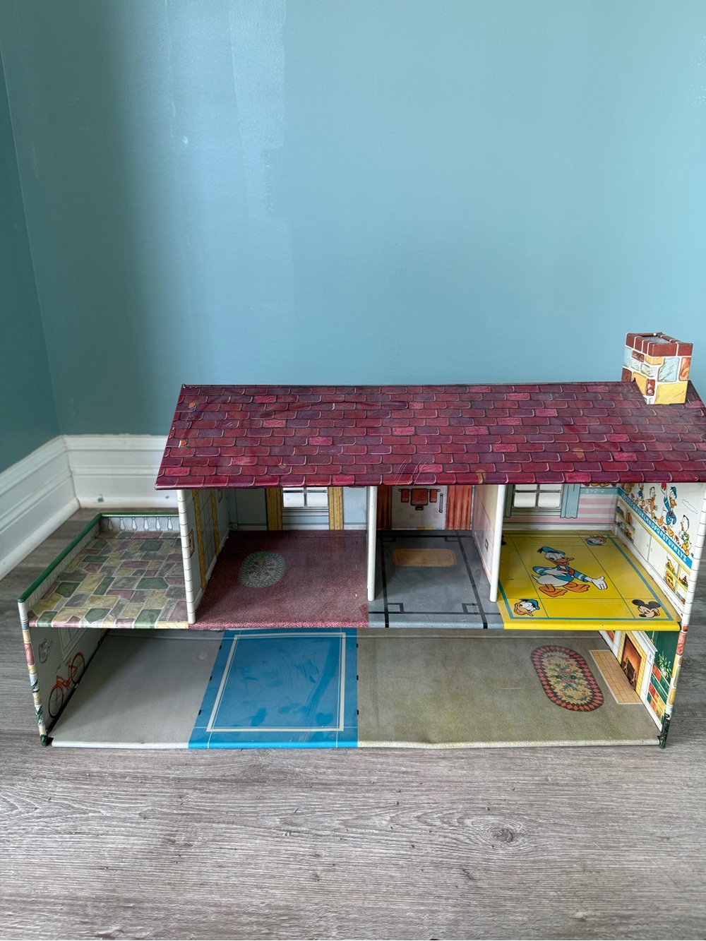 Vintage Tin Dollhouse Playset in Red Roof with Multi-Color Rooms